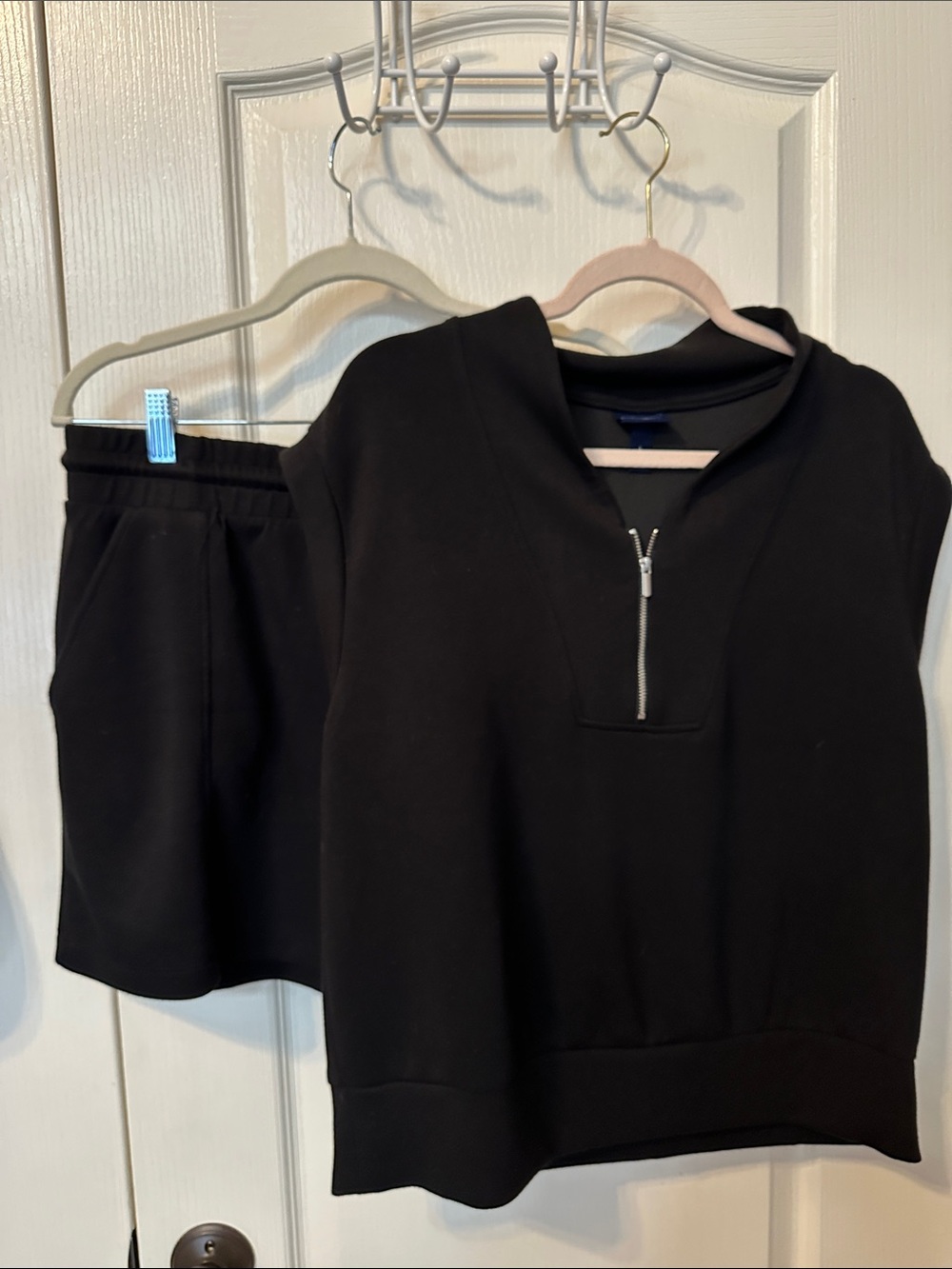 Scoop Two Pc Set Super Soft Lrg Sleeveless Half-Zip Sweatshirt & Shorts in Black